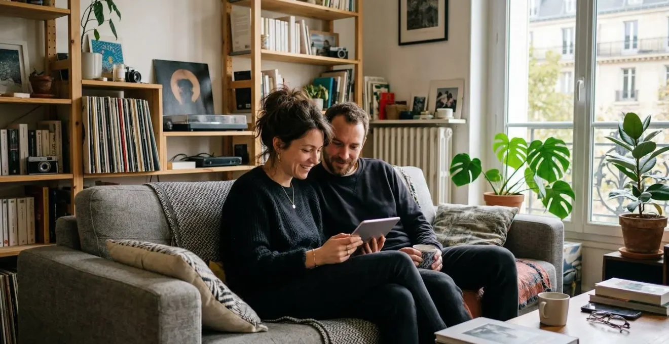 Un couple trentenaire assis dans un canapé gris regarde ensemble une tablette, lumière naturelle de fin d'après-midi filtrant par la fenêtre de leur appartement.