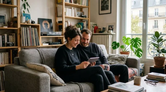 Un couple trentenaire assis dans un canapé gris regarde ensemble une tablette, lumière naturelle de fin d'après-midi filtrant par la fenêtre de leur appartement.