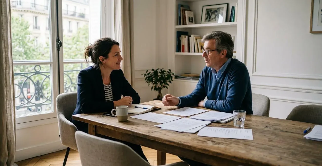 Deux personnes assises face à face dans un bureau lumineux, documents étalés sur la table, ambiance de rendez-vous professionnel détendu.