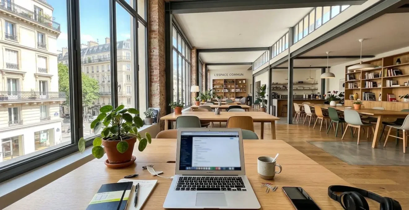 Bureau de coworking moderne avec un écran d'ordinateur flouté, une plante verte et des fournitures de bureau éparpillées, lumière naturelle venant de grandes fenêtres.