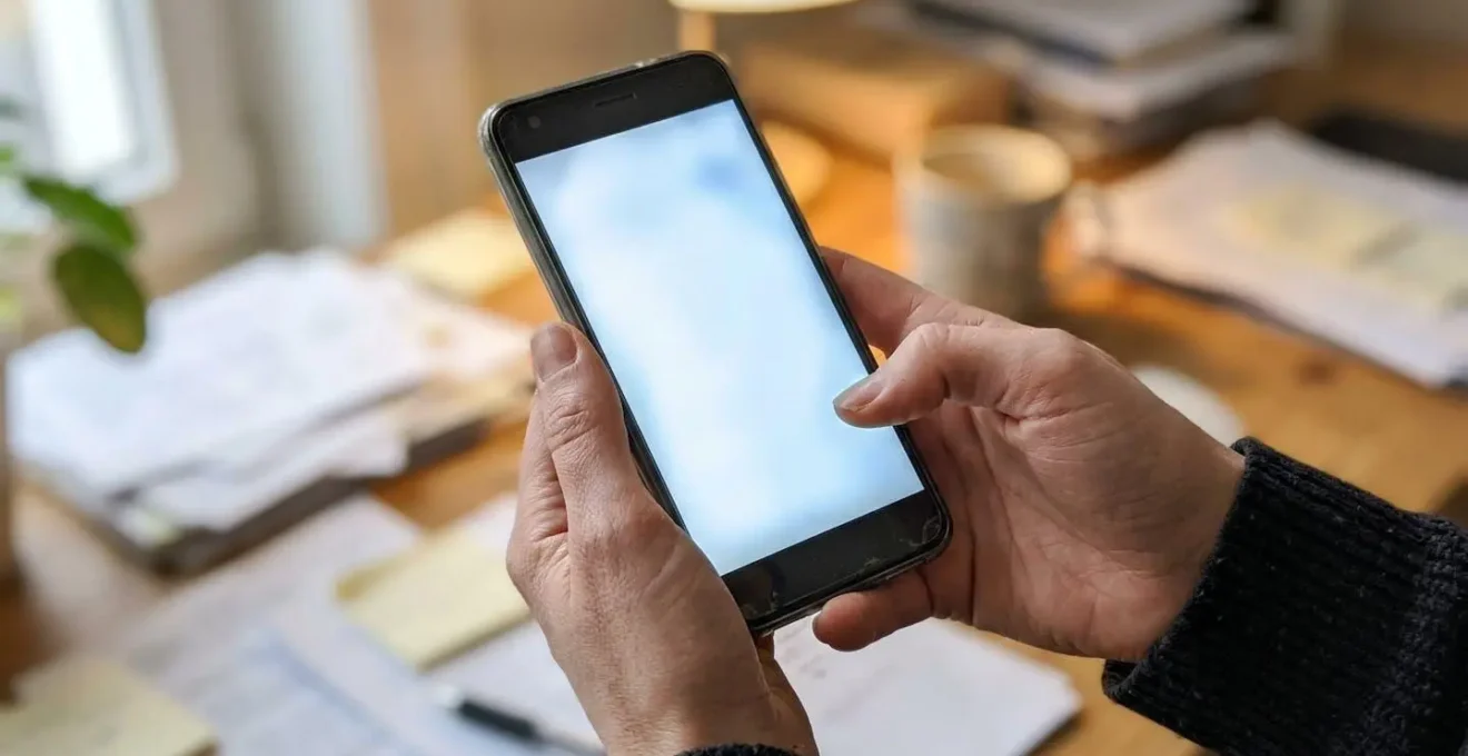 Gros plan sur des mains tenant un smartphone dont l'écran est flouté, posées sur un bureau avec quelques documents administratifs en arrière-plan.